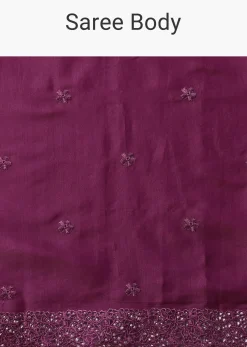 Wine Embroidered Tussar Saree With Unstitched Blouse