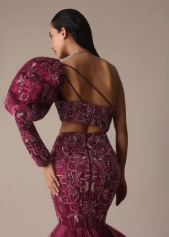 Wine Fish Cut One Shoulder Gown With 3D Organza Frills