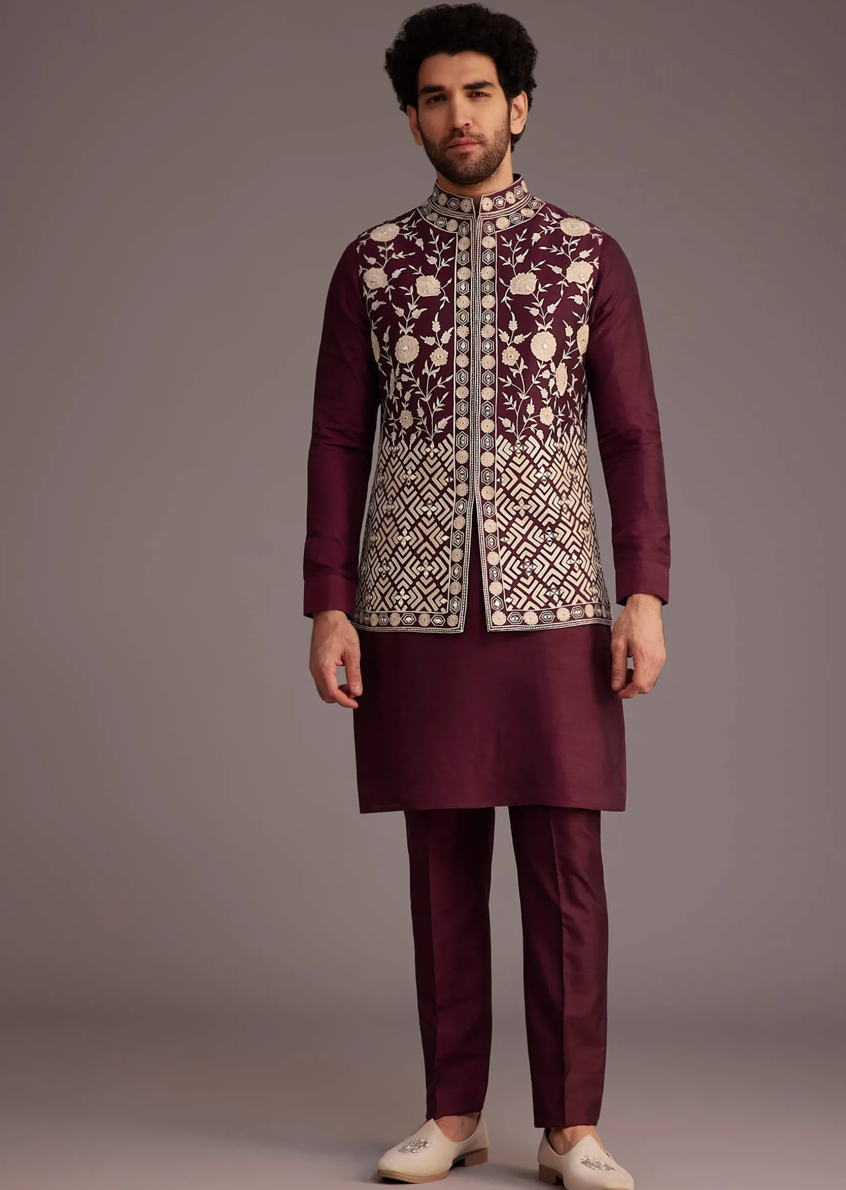 Wine Floral Embroidered Jacket Kurta Set