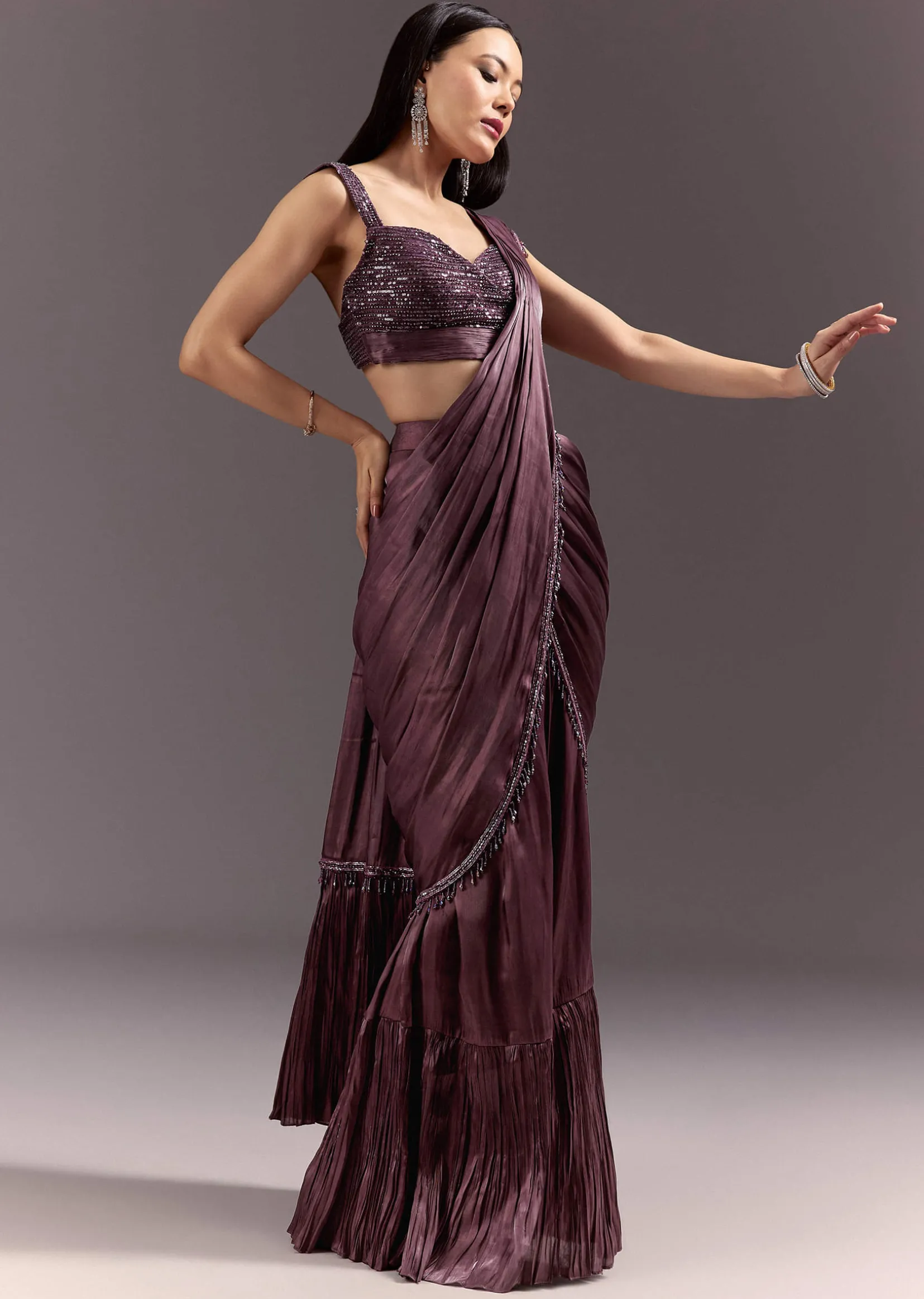 Wine Frill Drape Cutdana Saree With Sleeveless Overlap Blouse