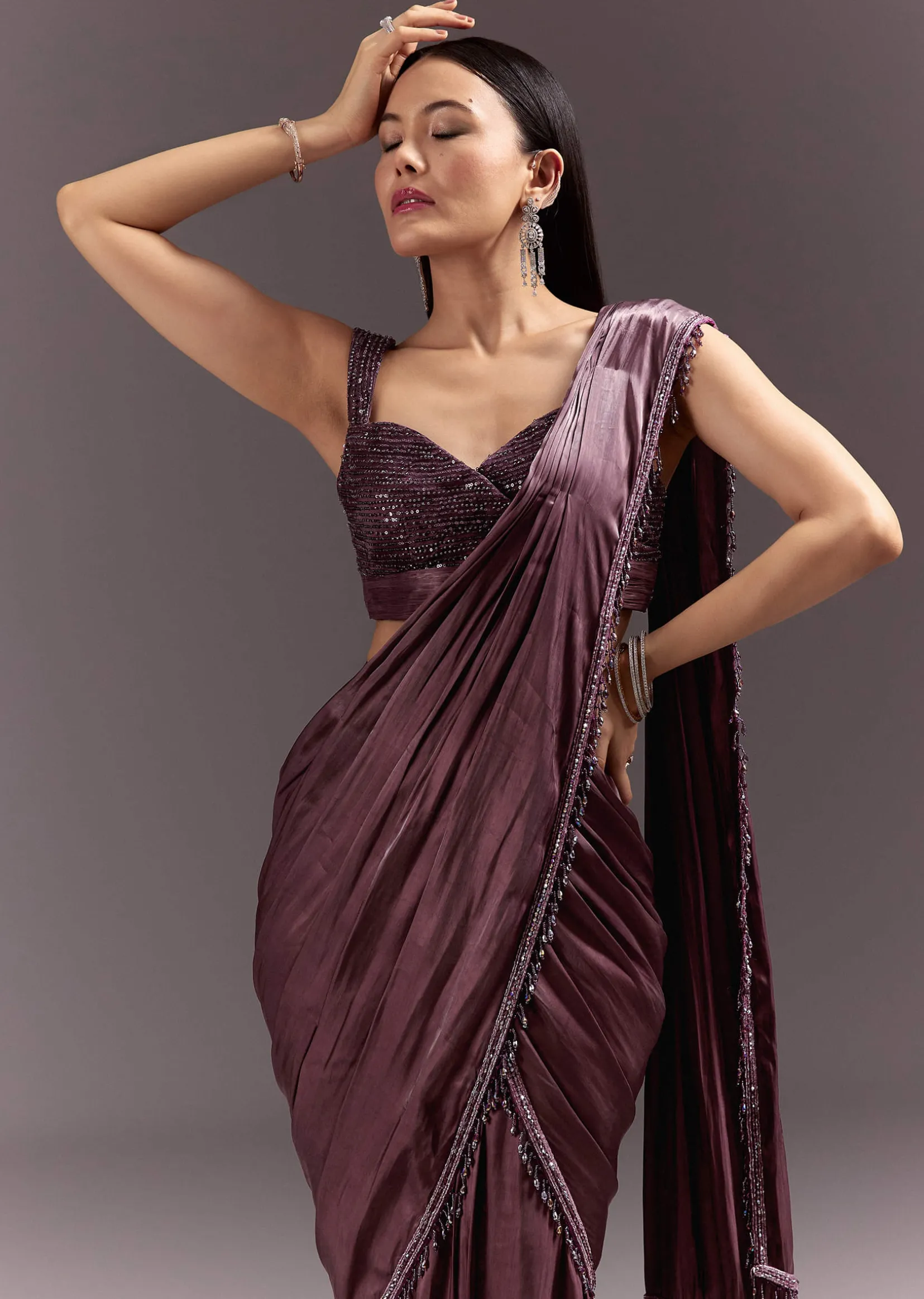 Wine Frill Drape Cutdana Saree With Sleeveless Overlap Blouse