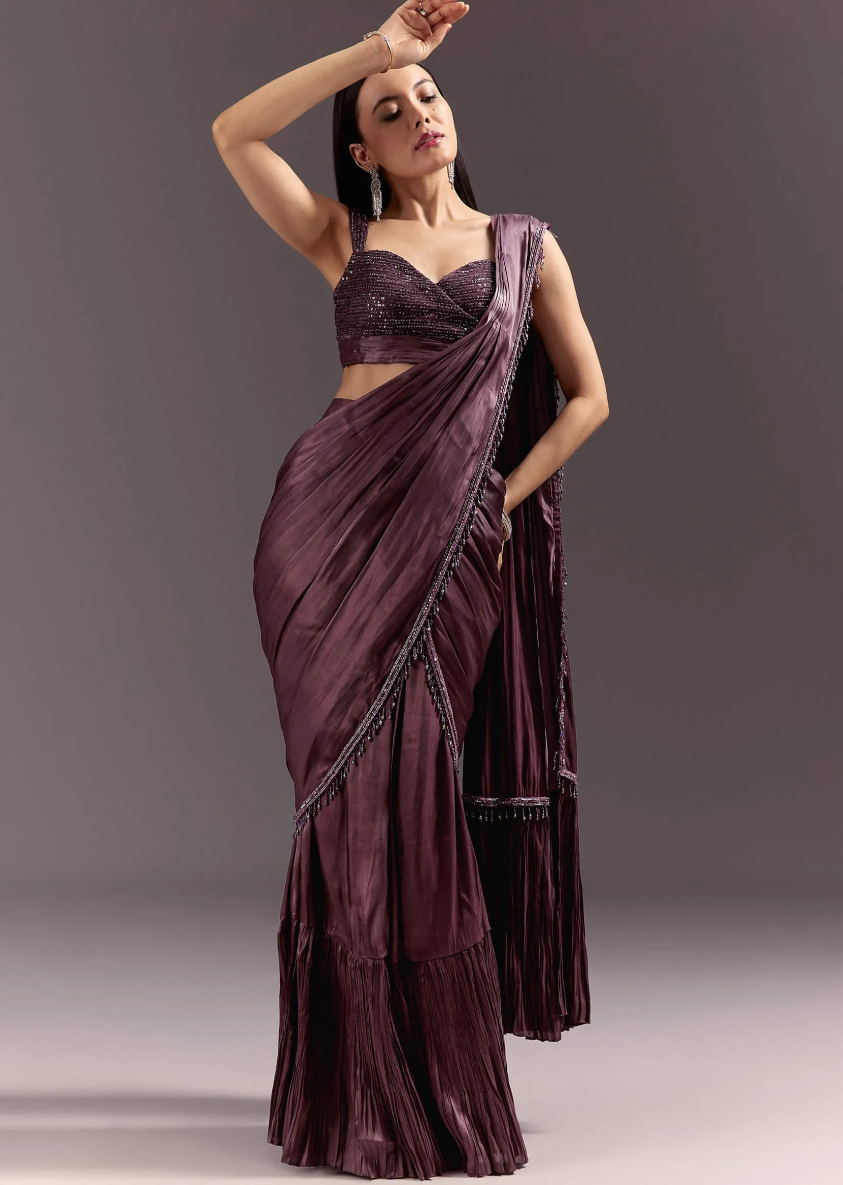 Wine Frill Drape Cutdana Saree With Sleeveless Overlap Blouse