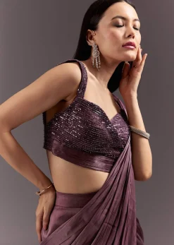 Wine Frill Drape Cutdana Saree With Sleeveless Overlap Blouse