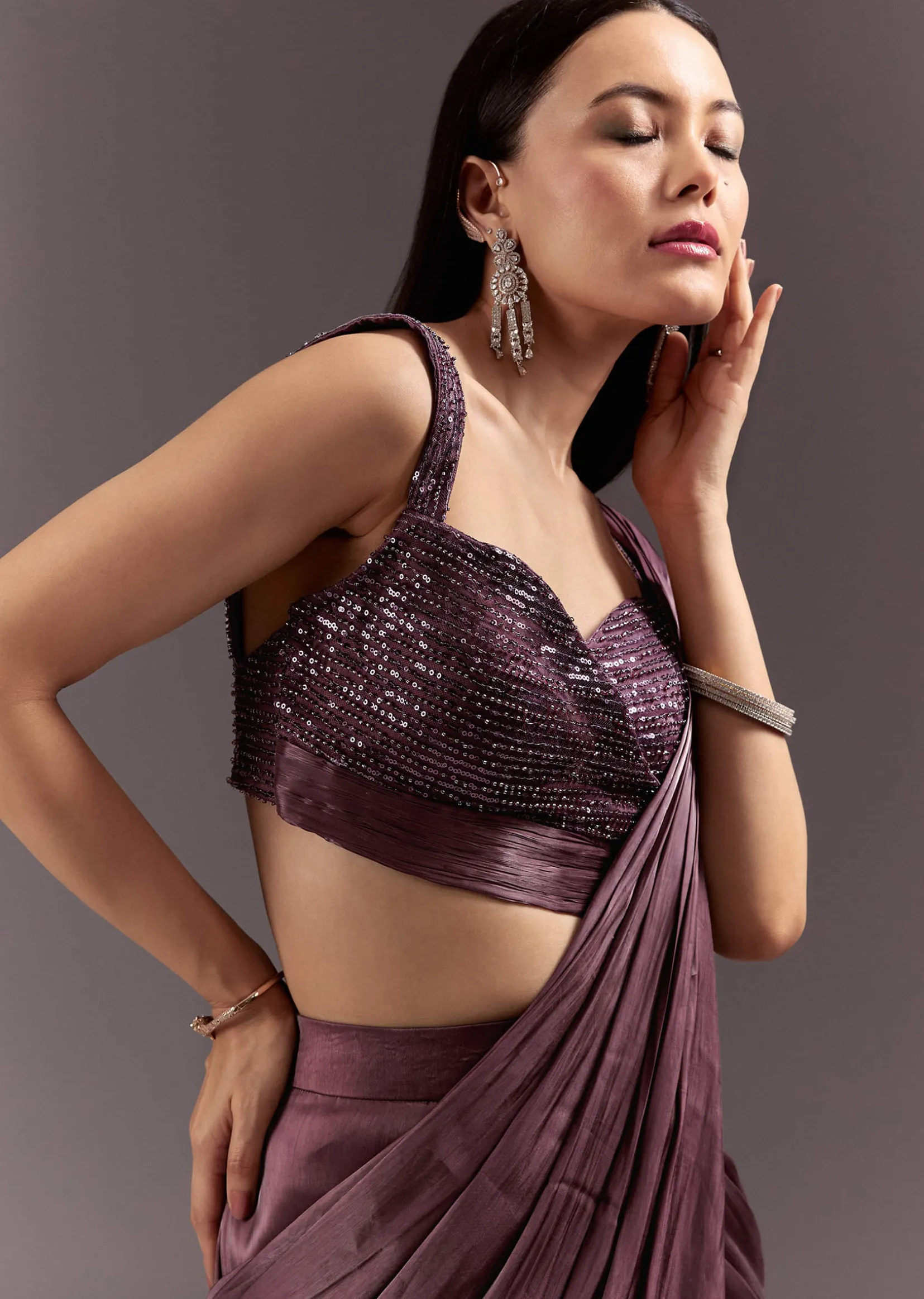 Wine Frill Drape Cutdana Saree With Sleeveless Overlap Blouse