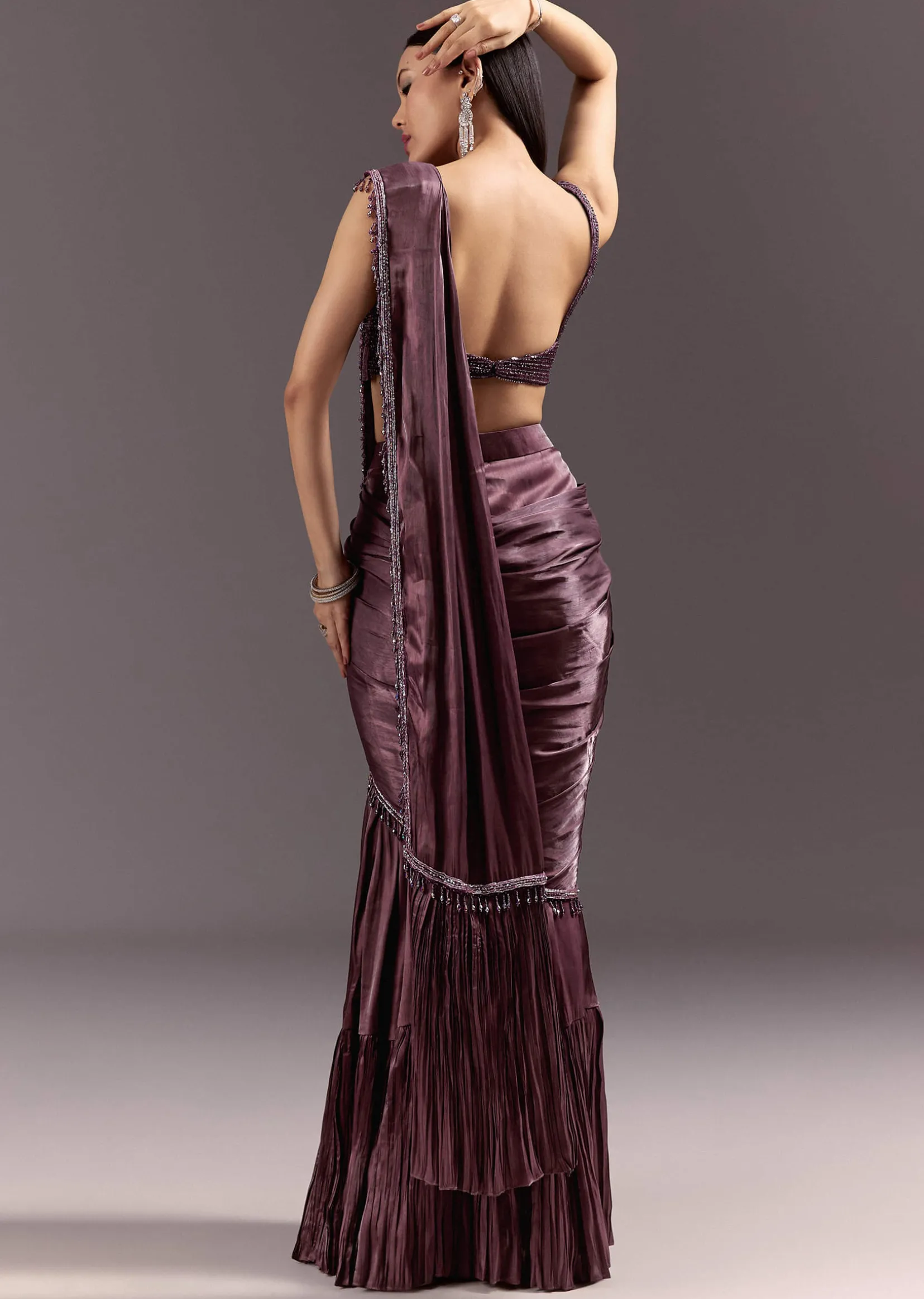 Wine Frill Drape Cutdana Saree With Sleeveless Overlap Blouse