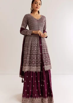 Wine Georgette Kurta Set With Zari And Resham Work