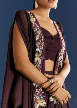 Wine Georgette Pintuck Croptop And Fancy Skirt With Embroidered Cape