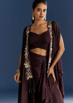 Wine Georgette Pintuck Croptop And Fancy Skirt With Embroidered Cape