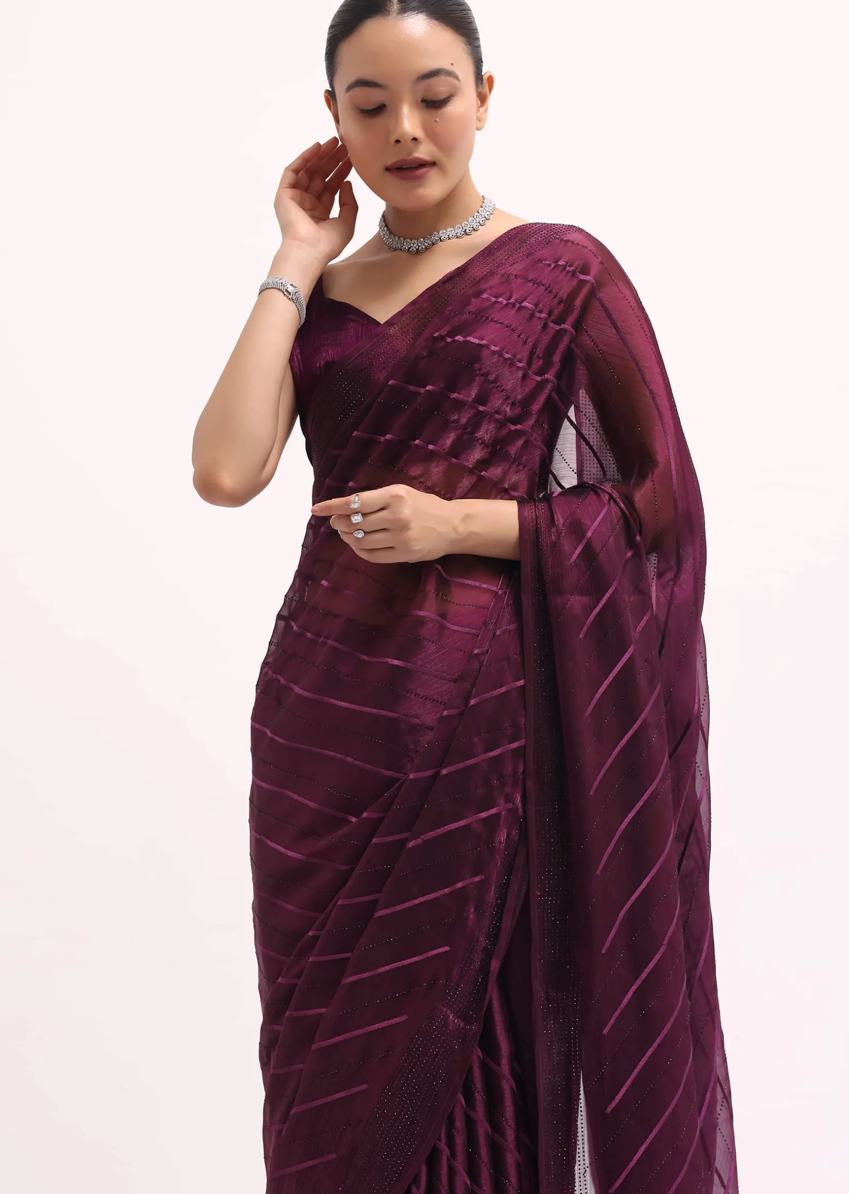 Wine Glass Tissue Saree In Swarovski With Unstitched Blouse
