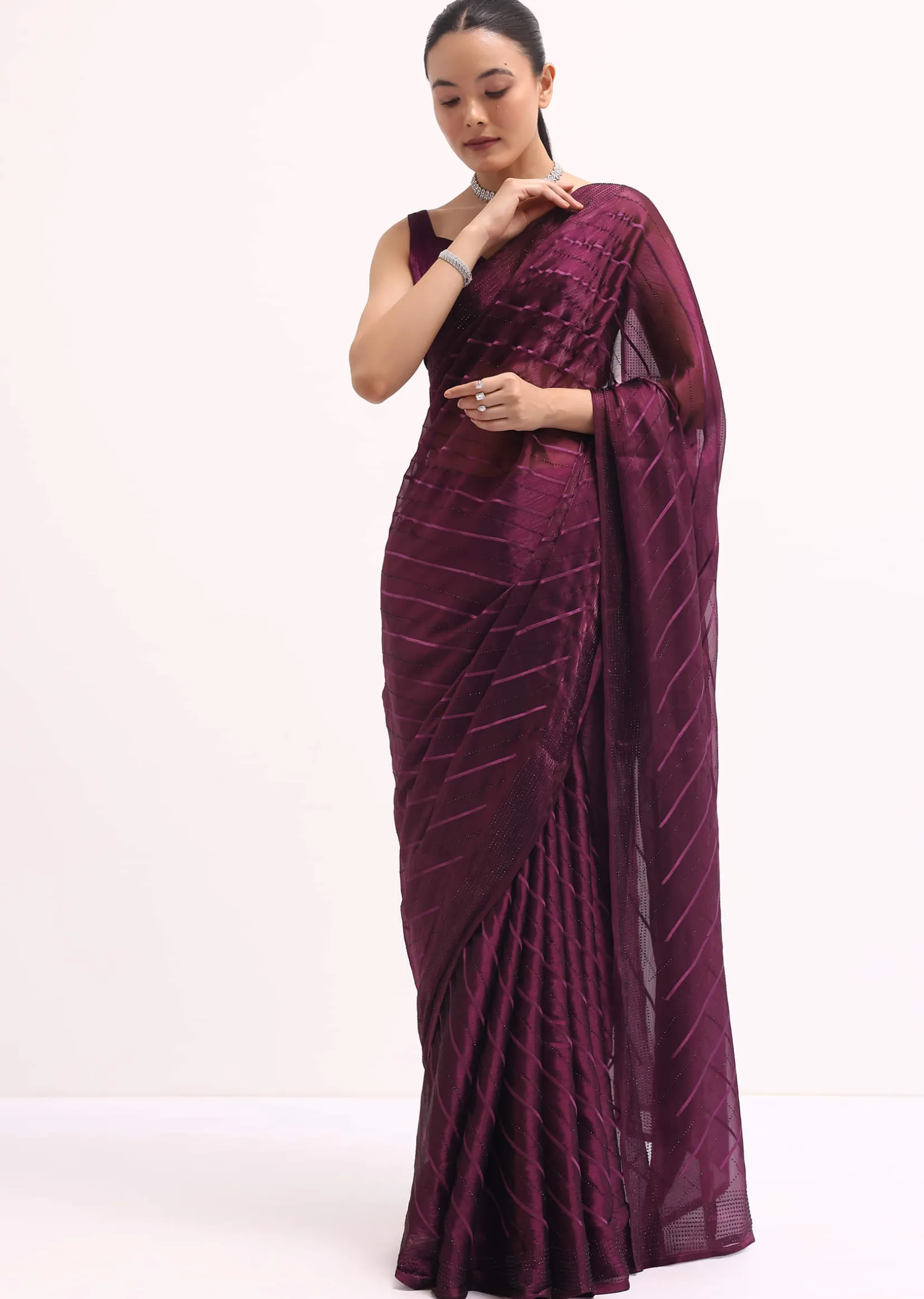 Wine Glass Tissue Saree In Swarovski With Unstitched Blouse
