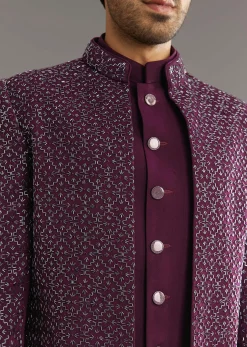 Wine Indo Western Set With Embellished Salli And Diamond Work