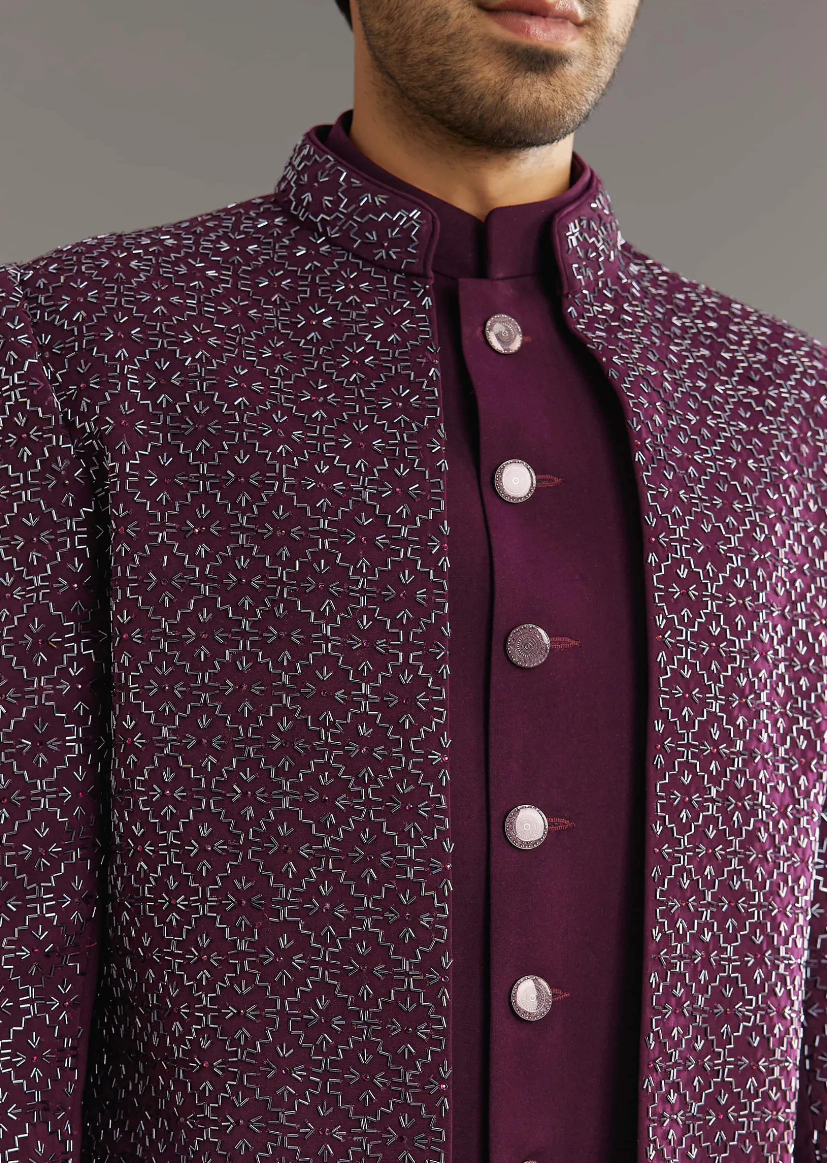 Wine Indo Western Set With Embellished Salli And Diamond Work