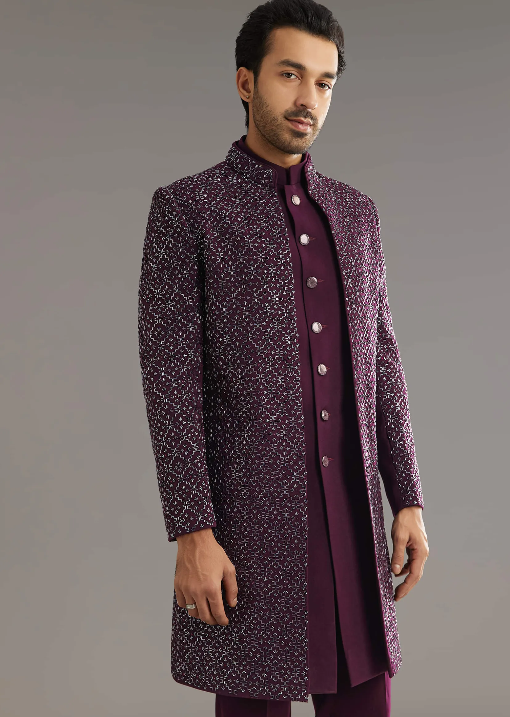 Wine Indo Western Set With Embellished Salli And Diamond Work