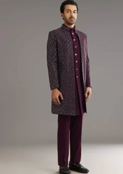 Wine Indo Western Set With Embellished Salli And Diamond Work