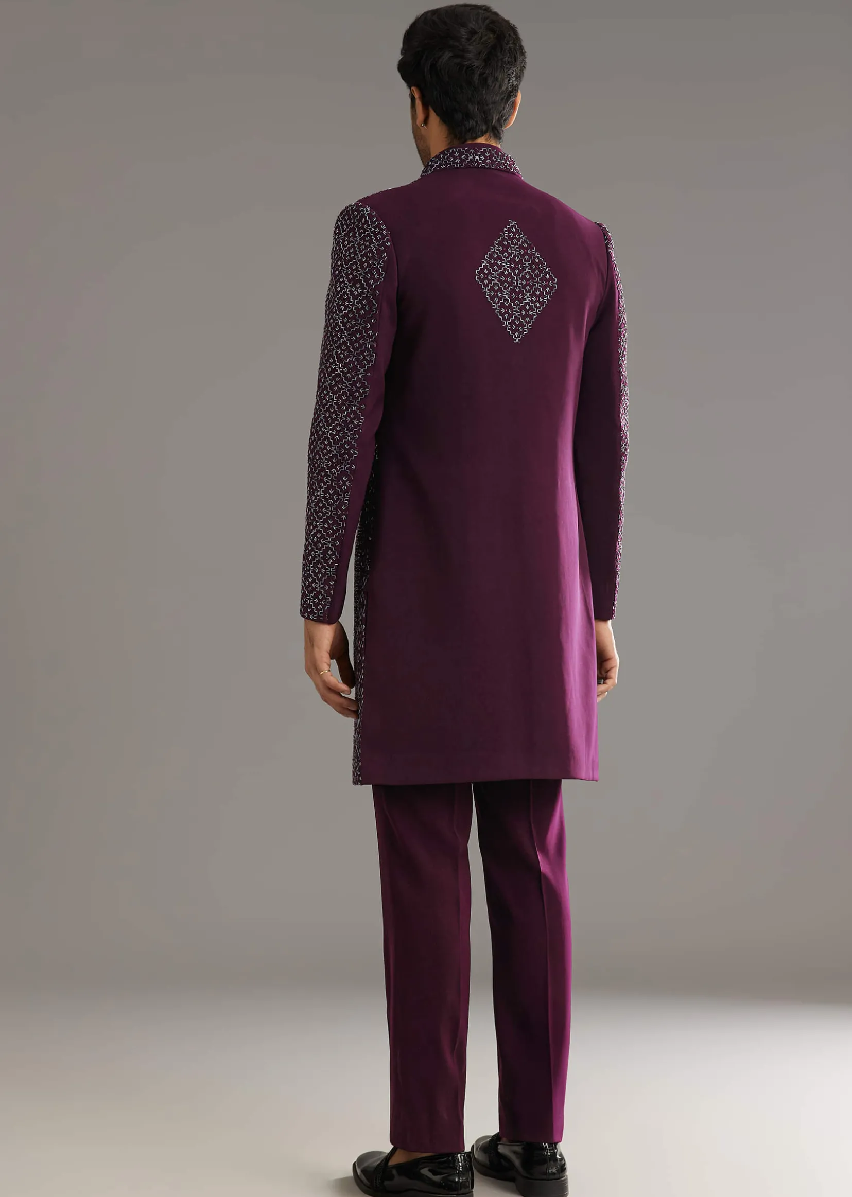 Wine Indo Western Set With Embellished Salli And Diamond Work