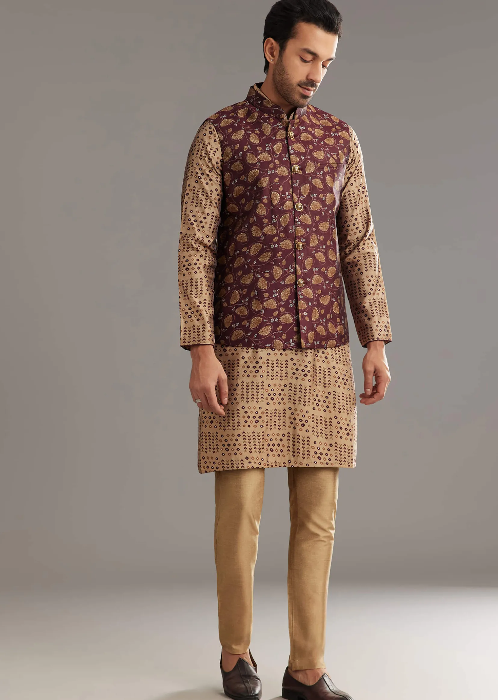 Wine Kurta Jacket Set In Modal Chanderi With Printed Design