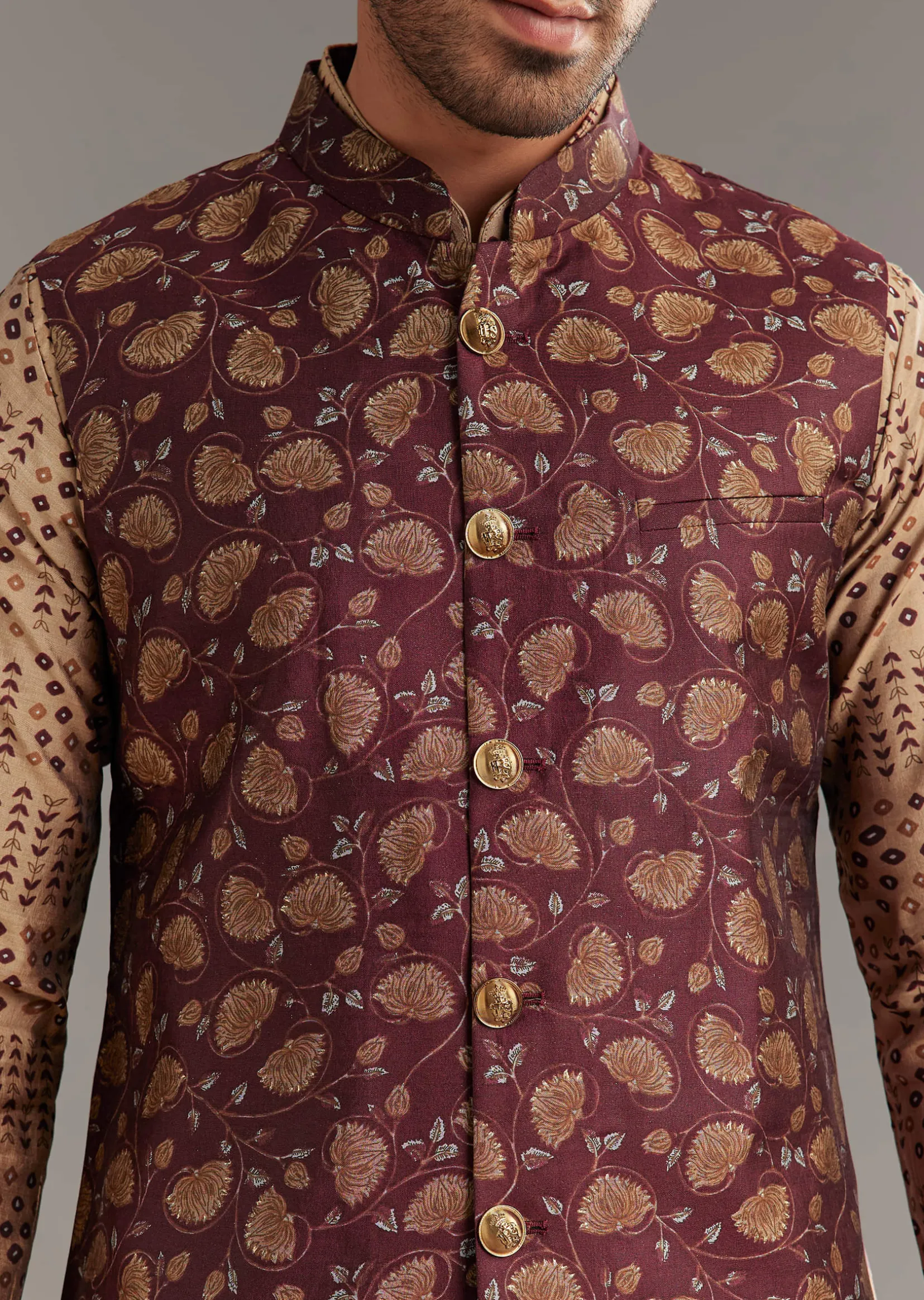 Wine Kurta Jacket Set In Modal Chanderi With Printed Design
