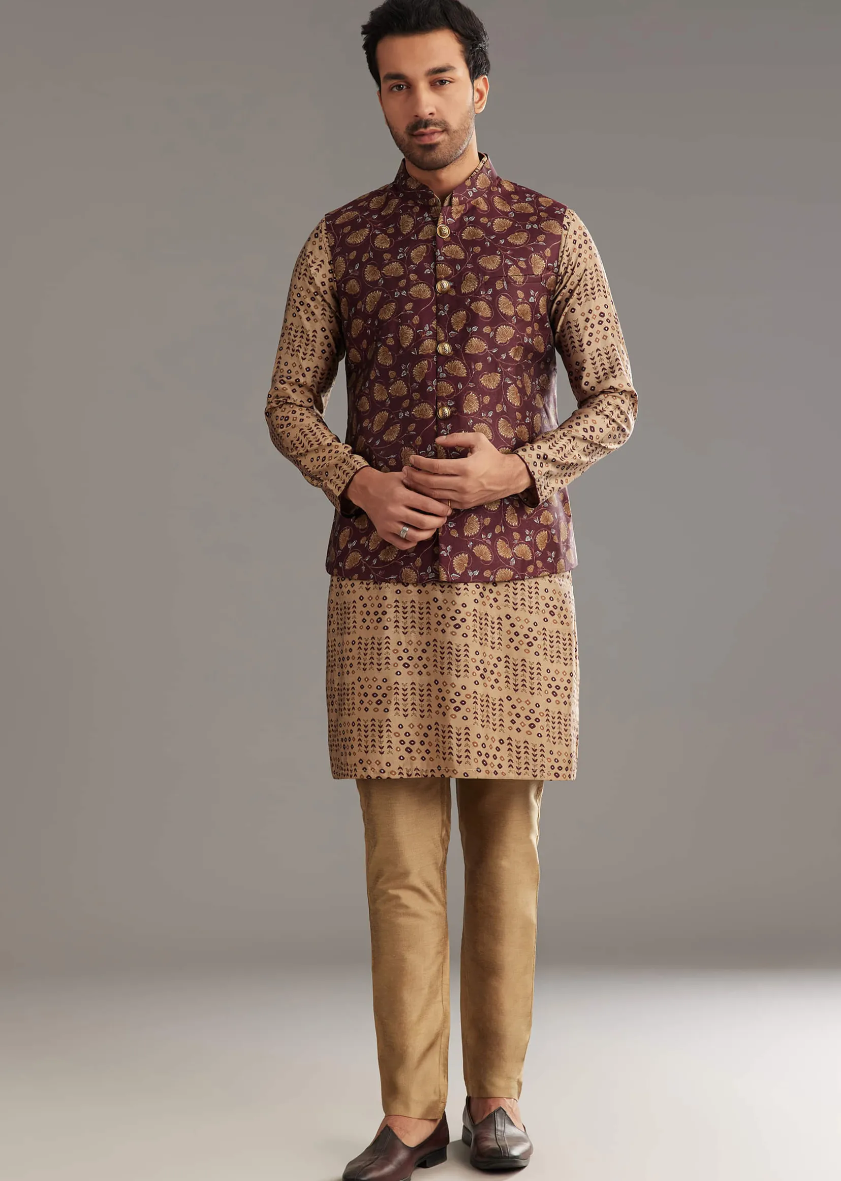 Wine Kurta Jacket Set In Modal Chanderi With Printed Design