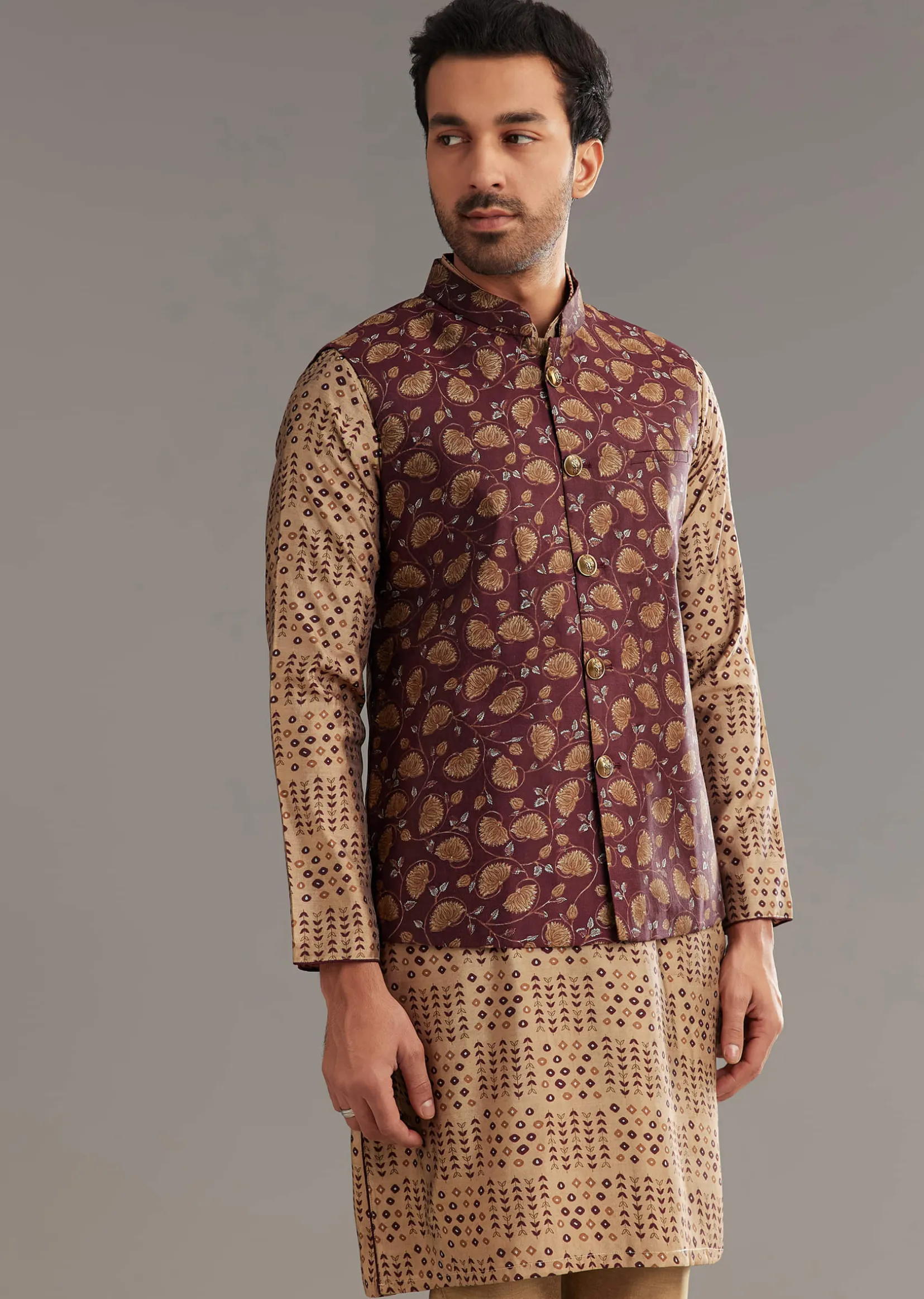 Wine Kurta Jacket Set In Modal Chanderi With Printed Design