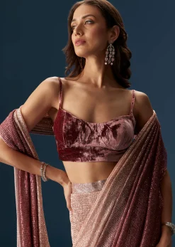 Wine Ombre Pre Pleated Saree With Sequins And Velvet Blouse