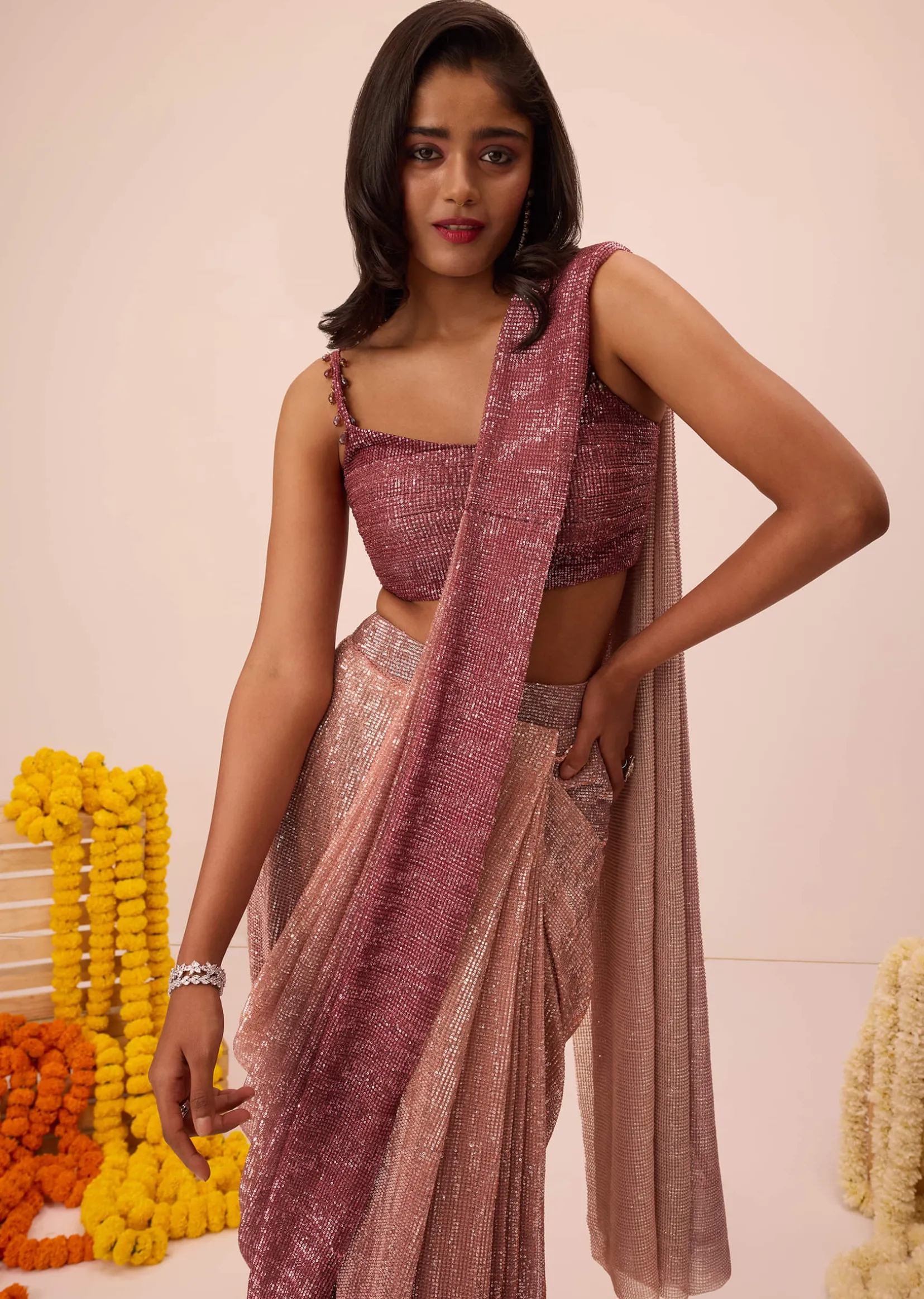 Wine Ombre Sequin Pleated Saree With Cowl Blouse