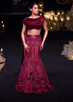Wine Opulent Fish Cut Lehenga And Embellished Jacket Duo