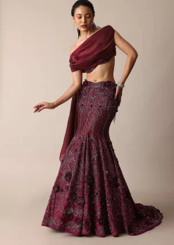 Wine Opulent Fish Cut Lehenga And Embellished Jacket Duo