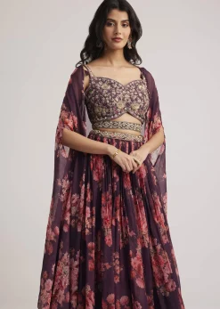 Wine Organza Floral Print Set With Zardosi And Sequins Detailing