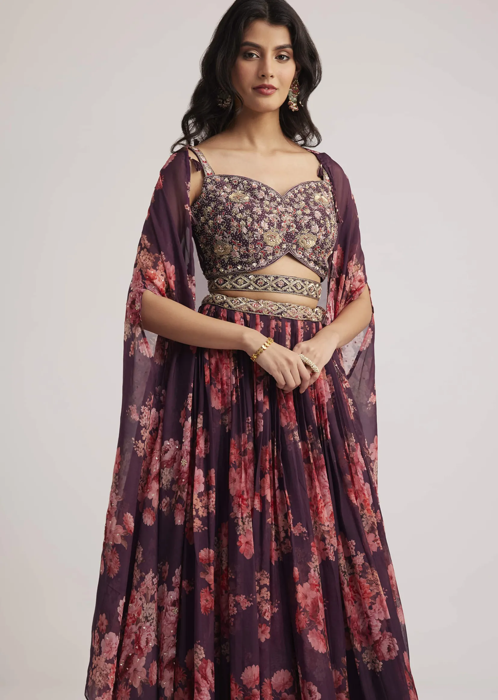 Wine Organza Floral Print Set With Zardosi And Sequins Detailing