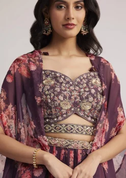 Wine Organza Floral Print Set With Zardosi And Sequins Detailing