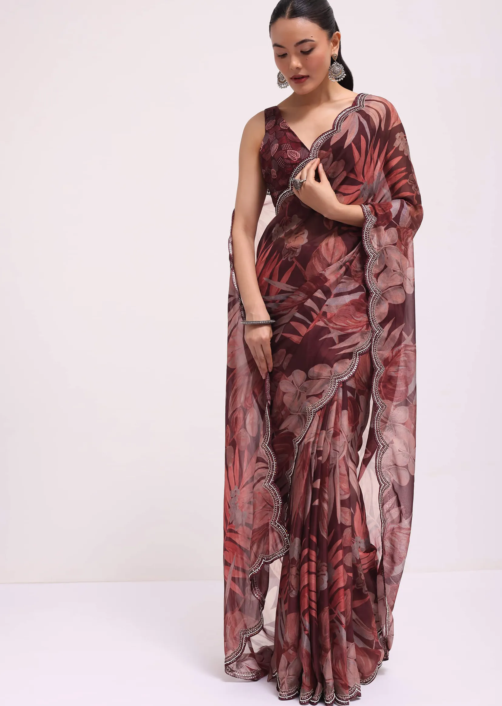 Wine Organza Leaf Printed Saree With Unstitched Blouse