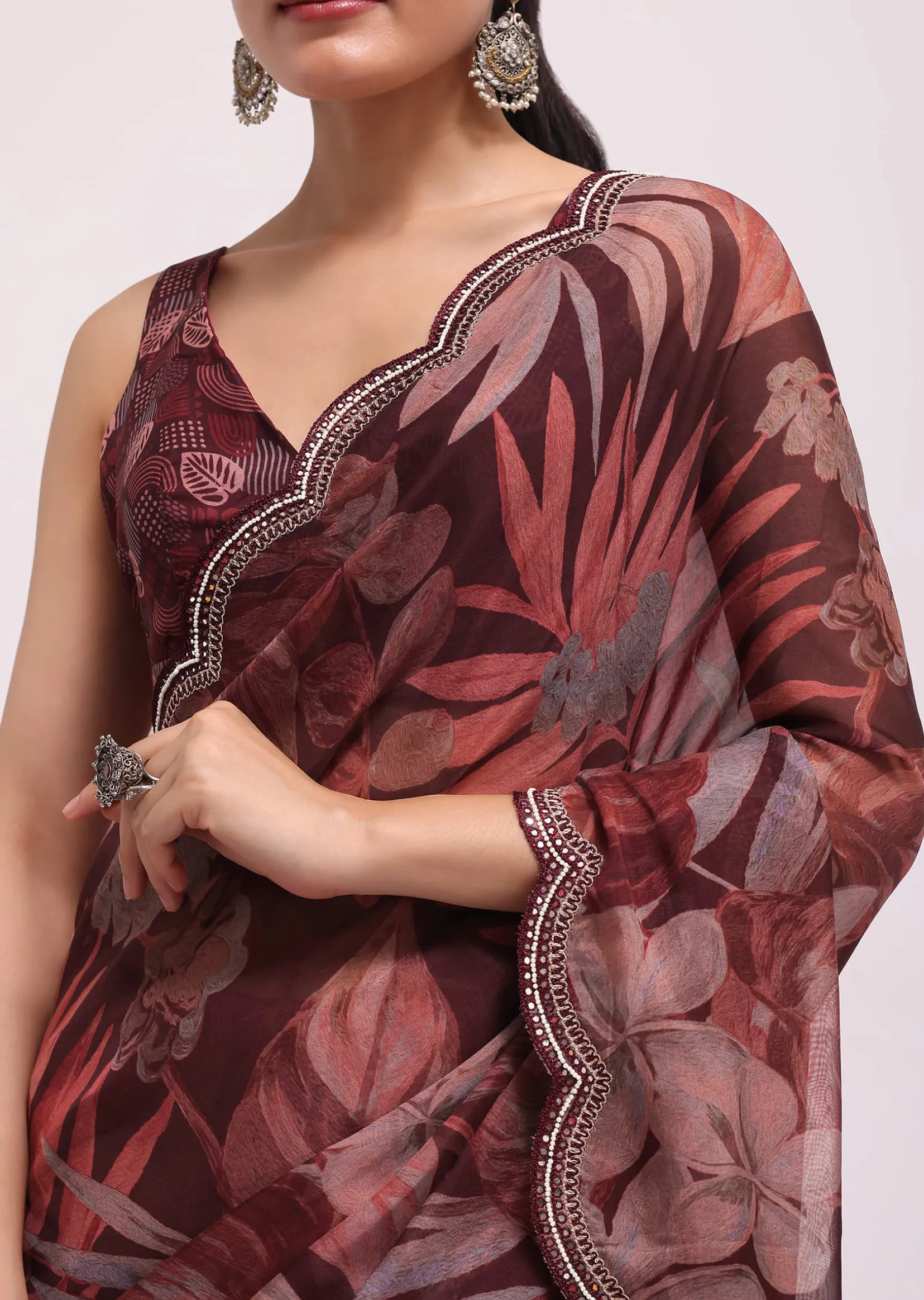 Wine Organza Leaf Printed Saree With Unstitched Blouse