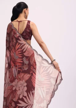 Wine Organza Leaf Printed Saree With Unstitched Blouse