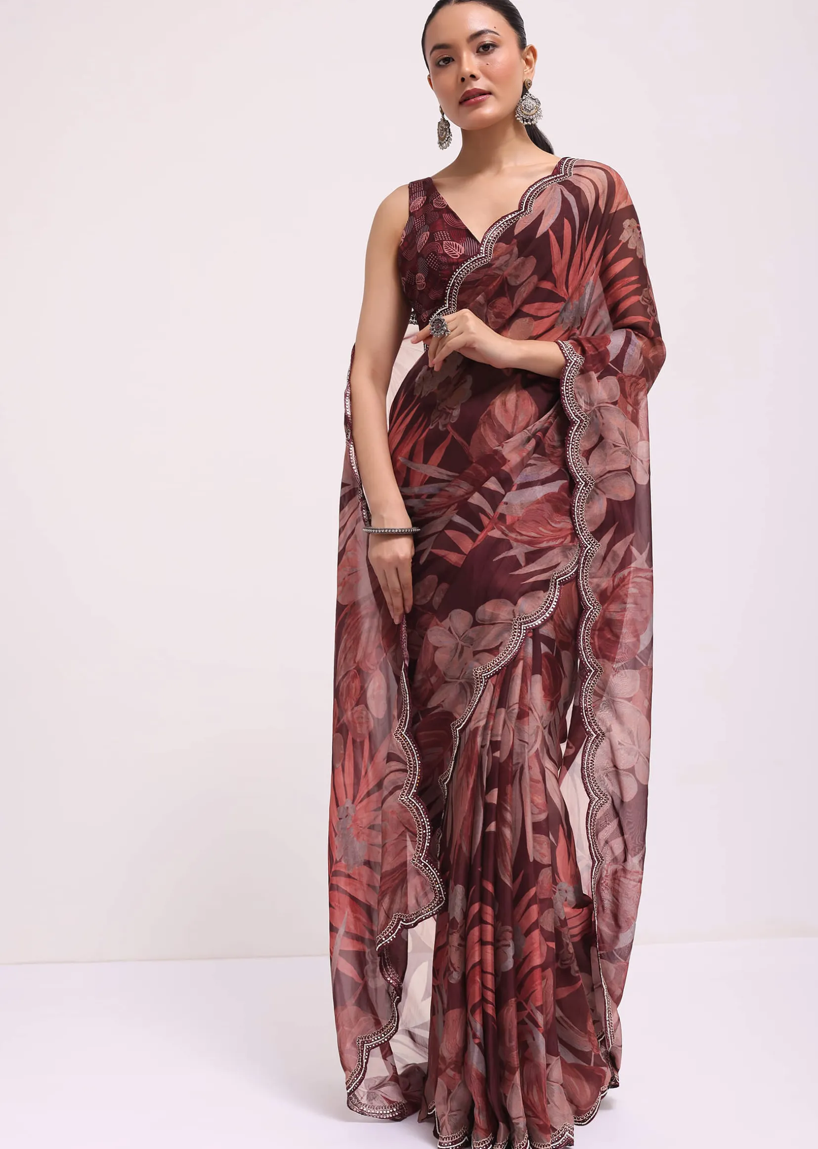 Wine Organza Leaf Printed Saree With Unstitched Blouse