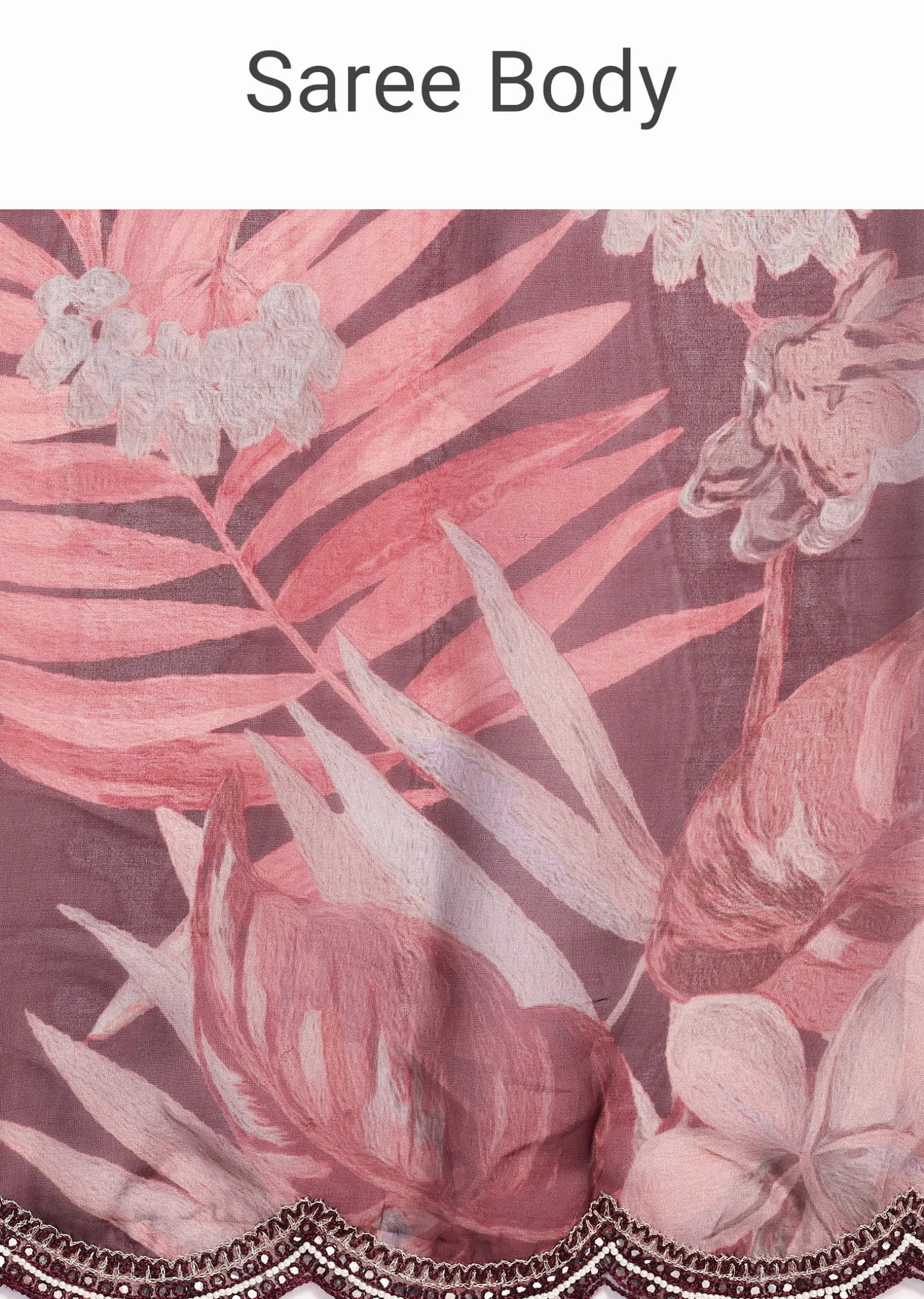 Wine Organza Leaf Printed Saree With Unstitched Blouse