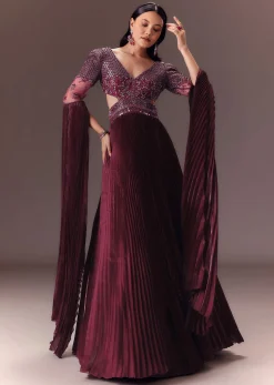 Wine Organze Flared Gown With 3D Draped Wings