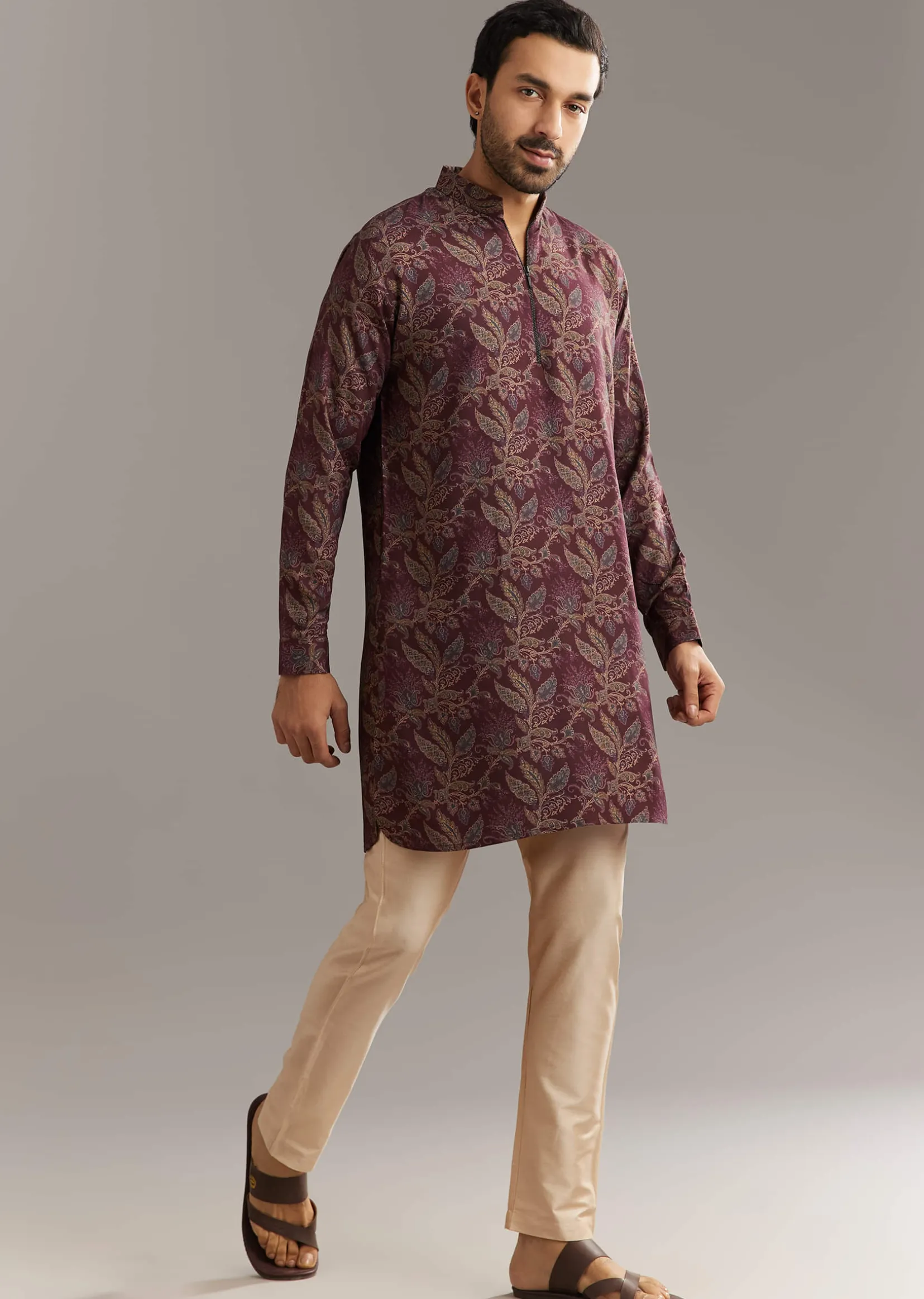 Wine Pashmina Silk Kurta Set With Vine Print Motifs