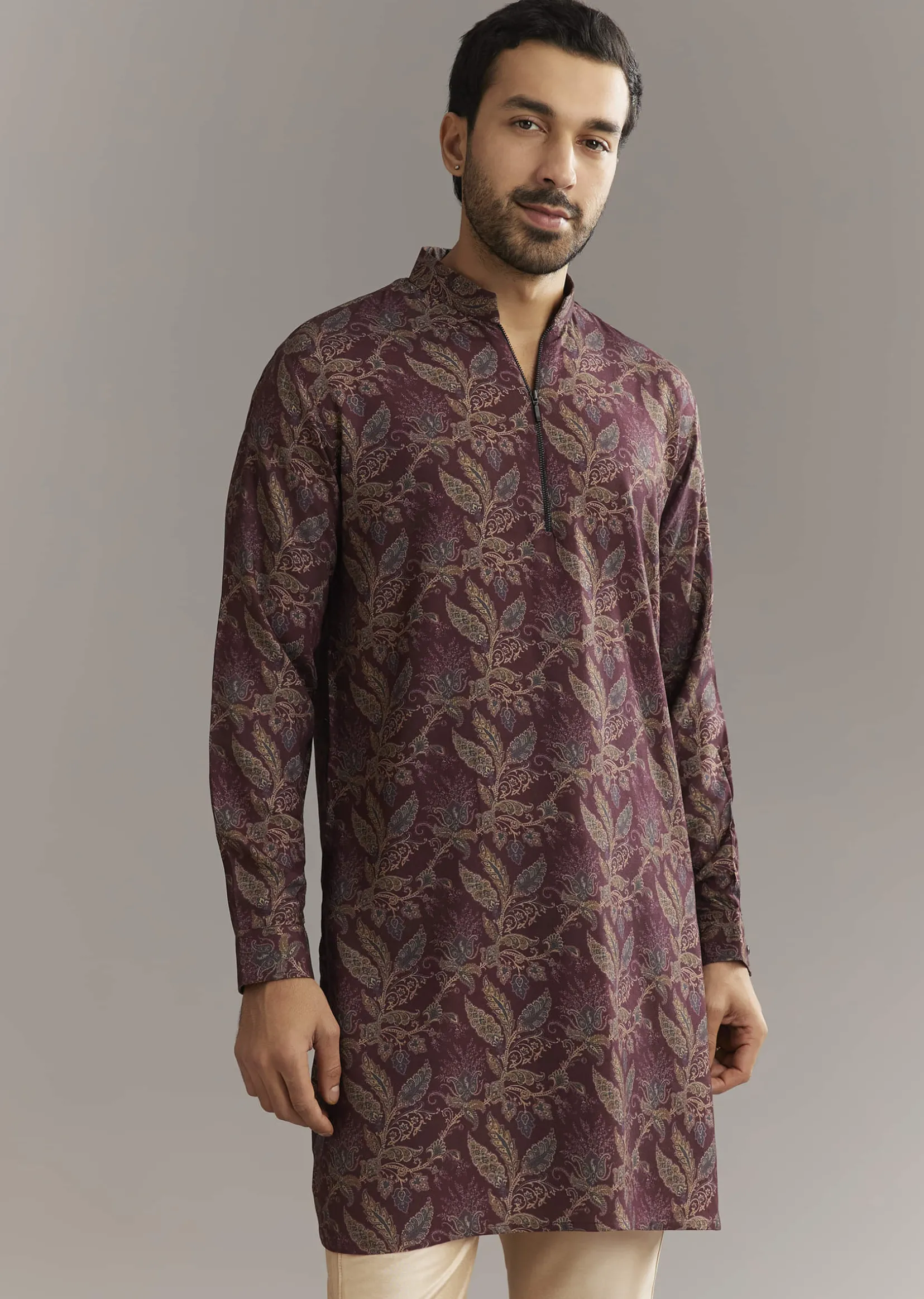 Wine Pashmina Silk Kurta Set With Vine Print Motifs