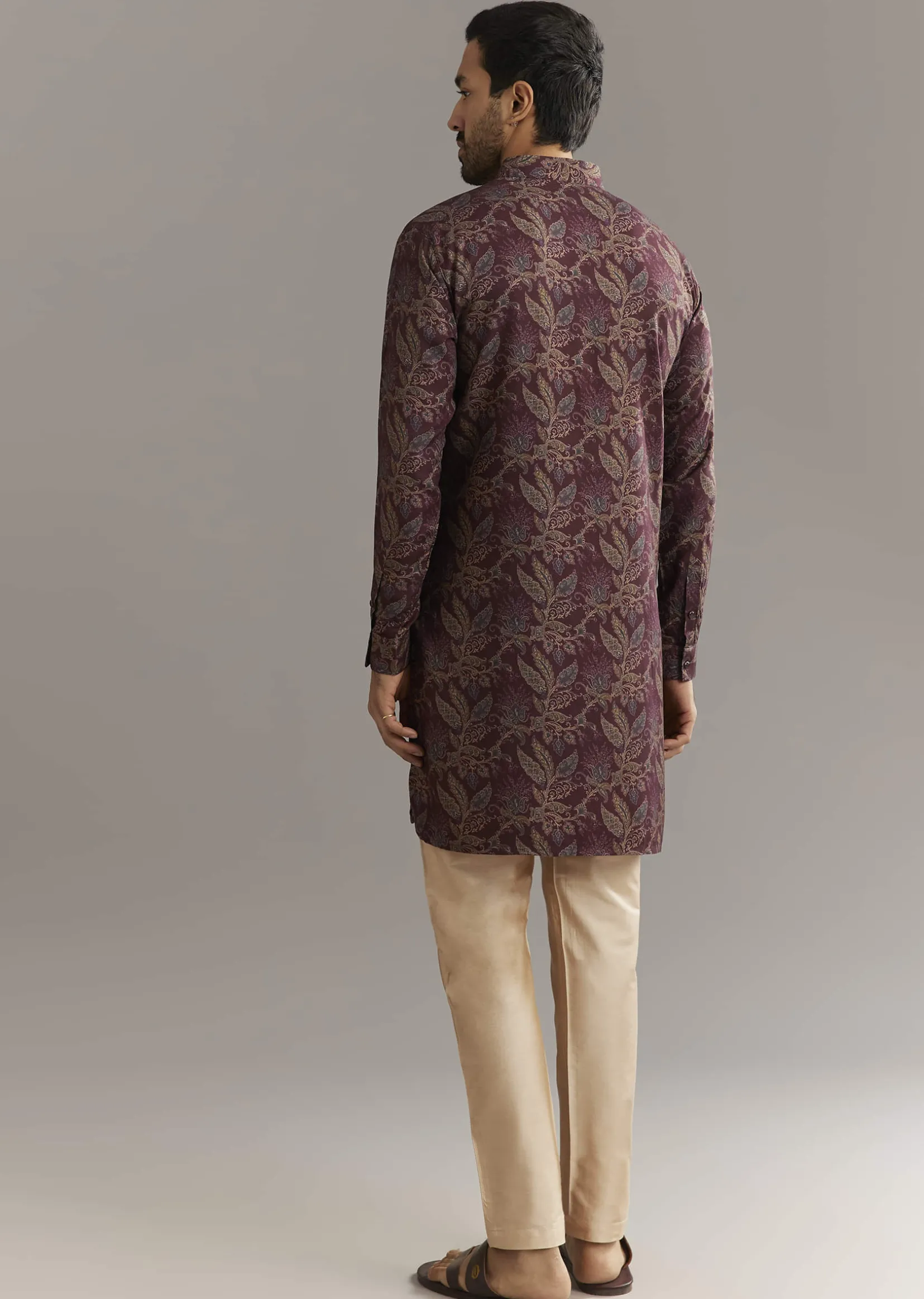 Wine Pashmina Silk Kurta Set With Vine Print Motifs