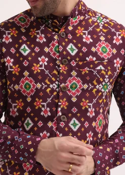 Wine Patola Printed Kurta Jacket Set For Men