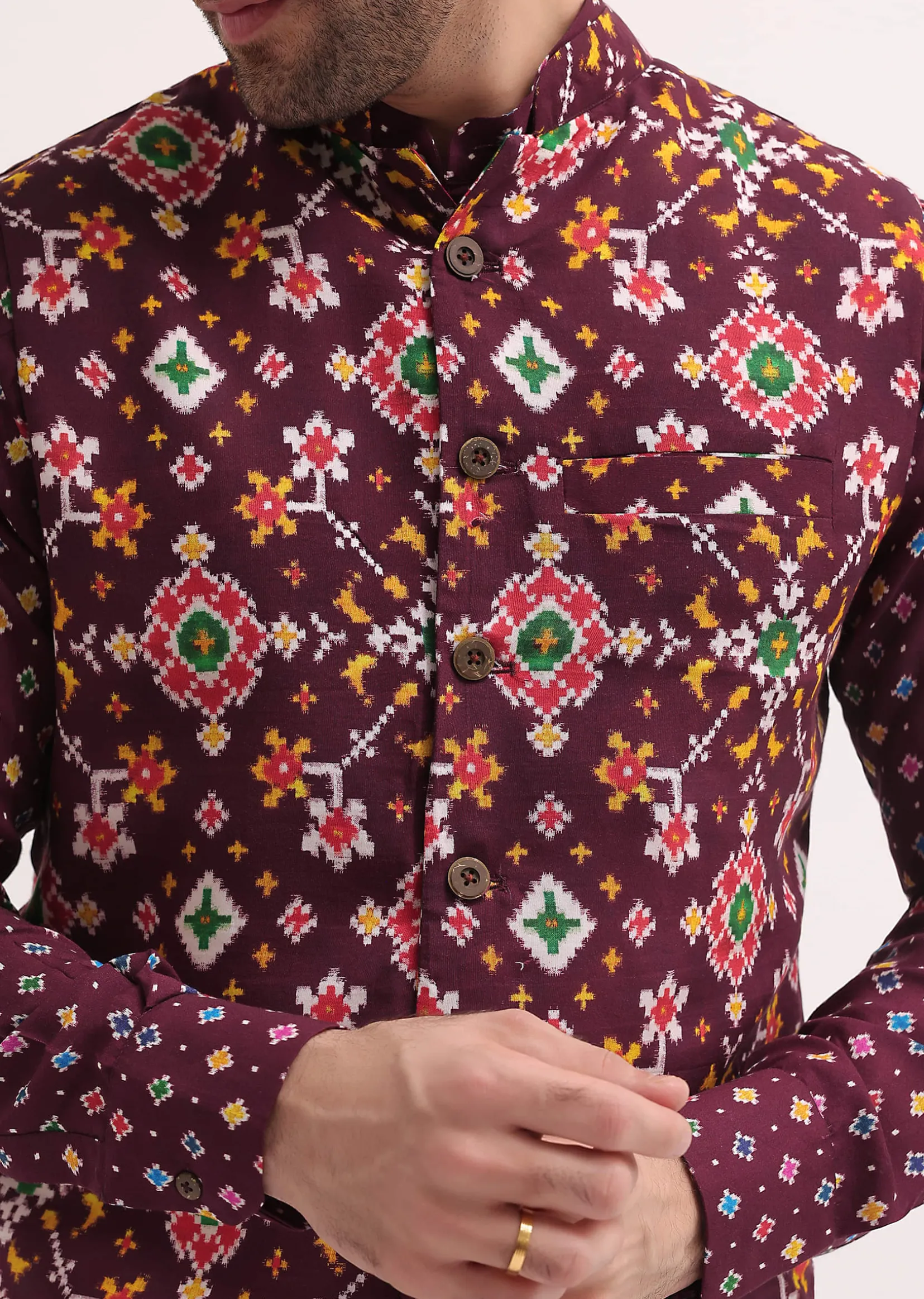 Wine Patola Printed Kurta Jacket Set For Men