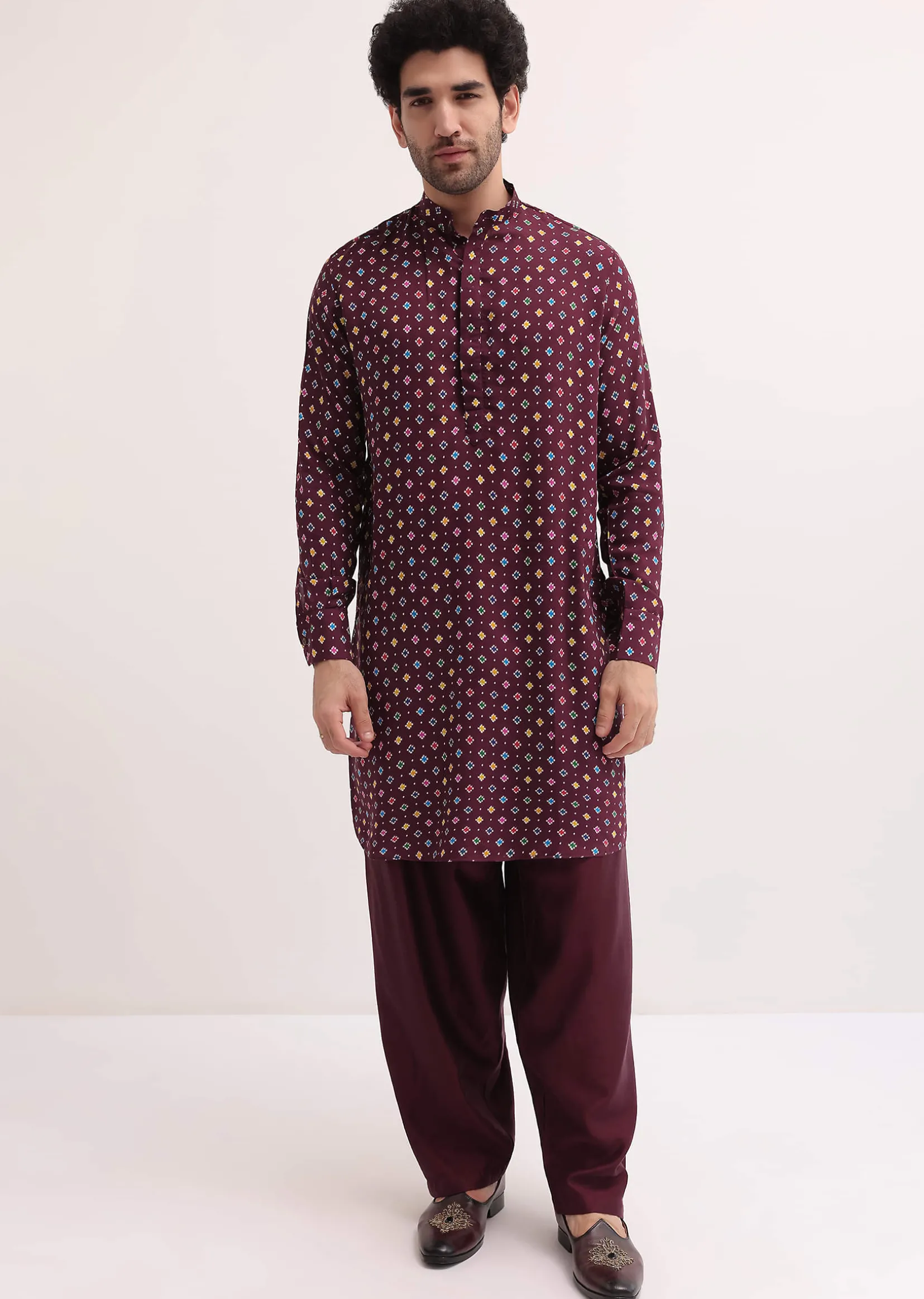 Wine Patola Printed Kurta Jacket Set For Men