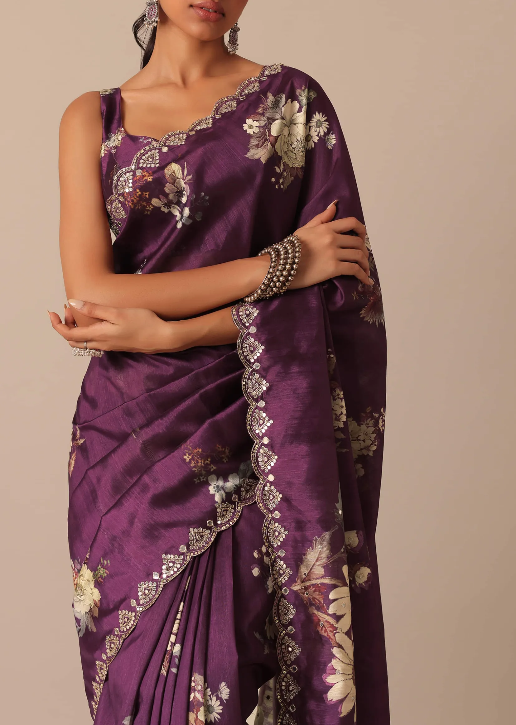 Wine Printed Tussar Silk Saree With Unstitched Blouse Piece