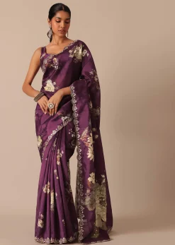 Wine Printed Tussar Silk Saree With Unstitched Blouse Piece