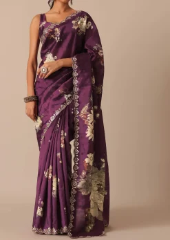Wine Printed Tussar Silk Saree With Unstitched Blouse Piece