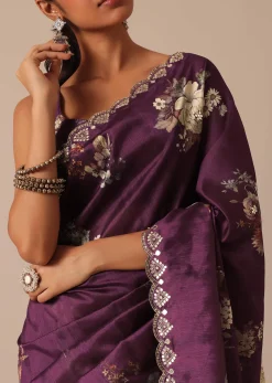 Wine Printed Tussar Silk Saree With Unstitched Blouse Piece