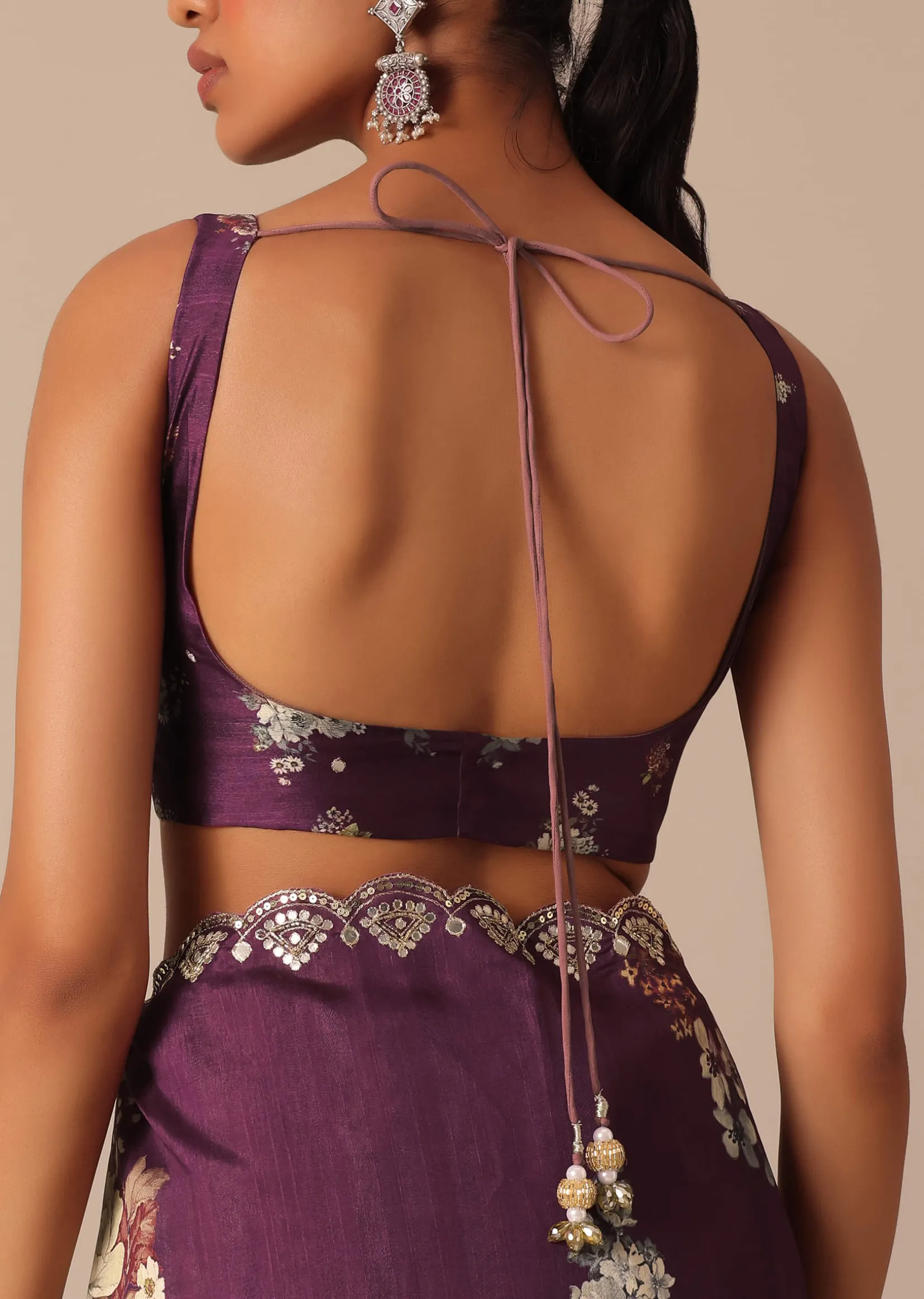 Wine Printed Tussar Silk Saree With Unstitched Blouse Piece