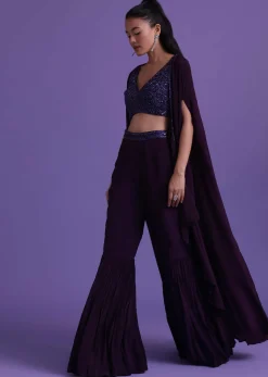 Wine Purple Cut Dana Embroidered Sharara And Blouse Set With Shrug in Satin
