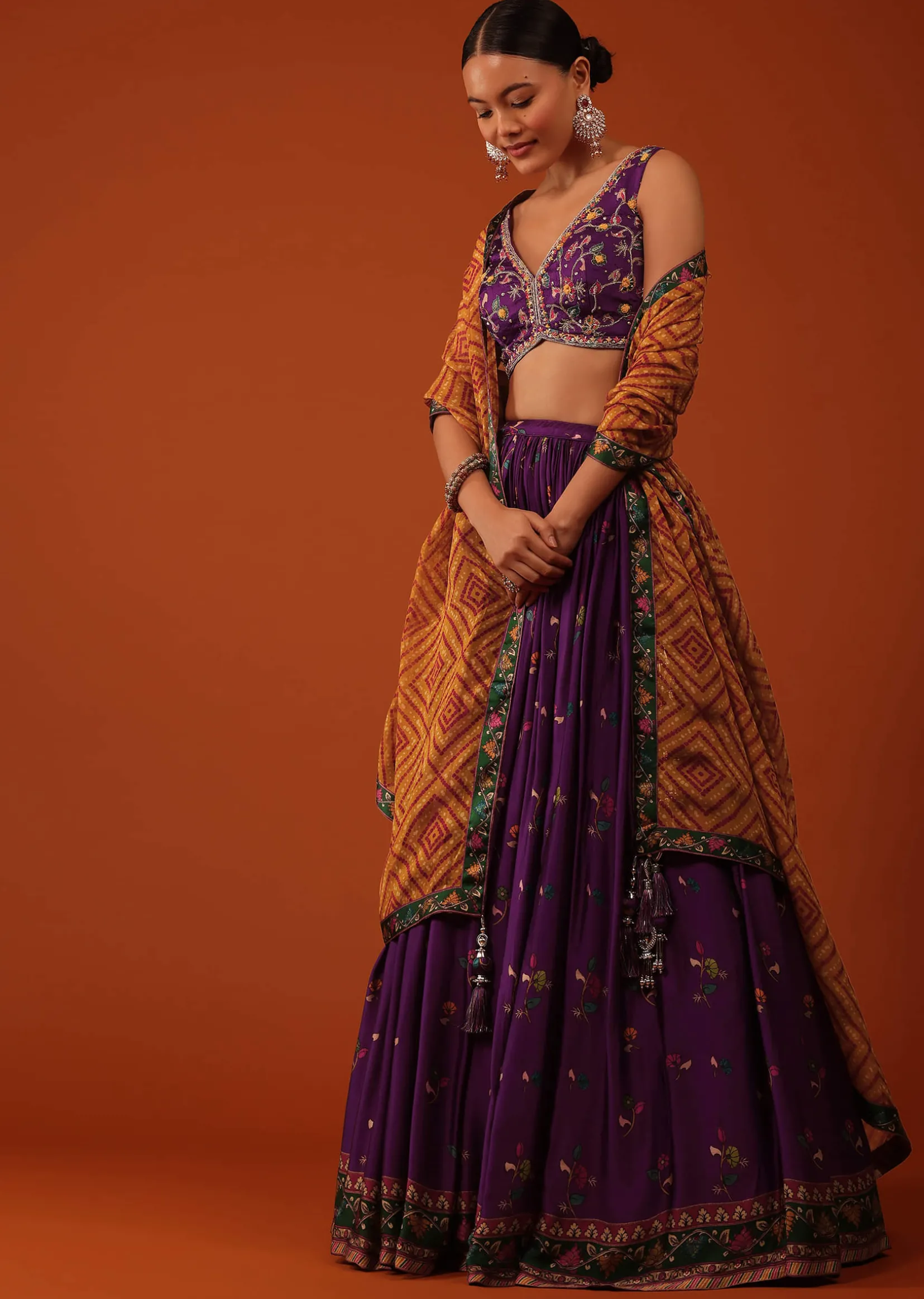 Wine Purple Embroidered Lehenga And Blouse Set In Satin
