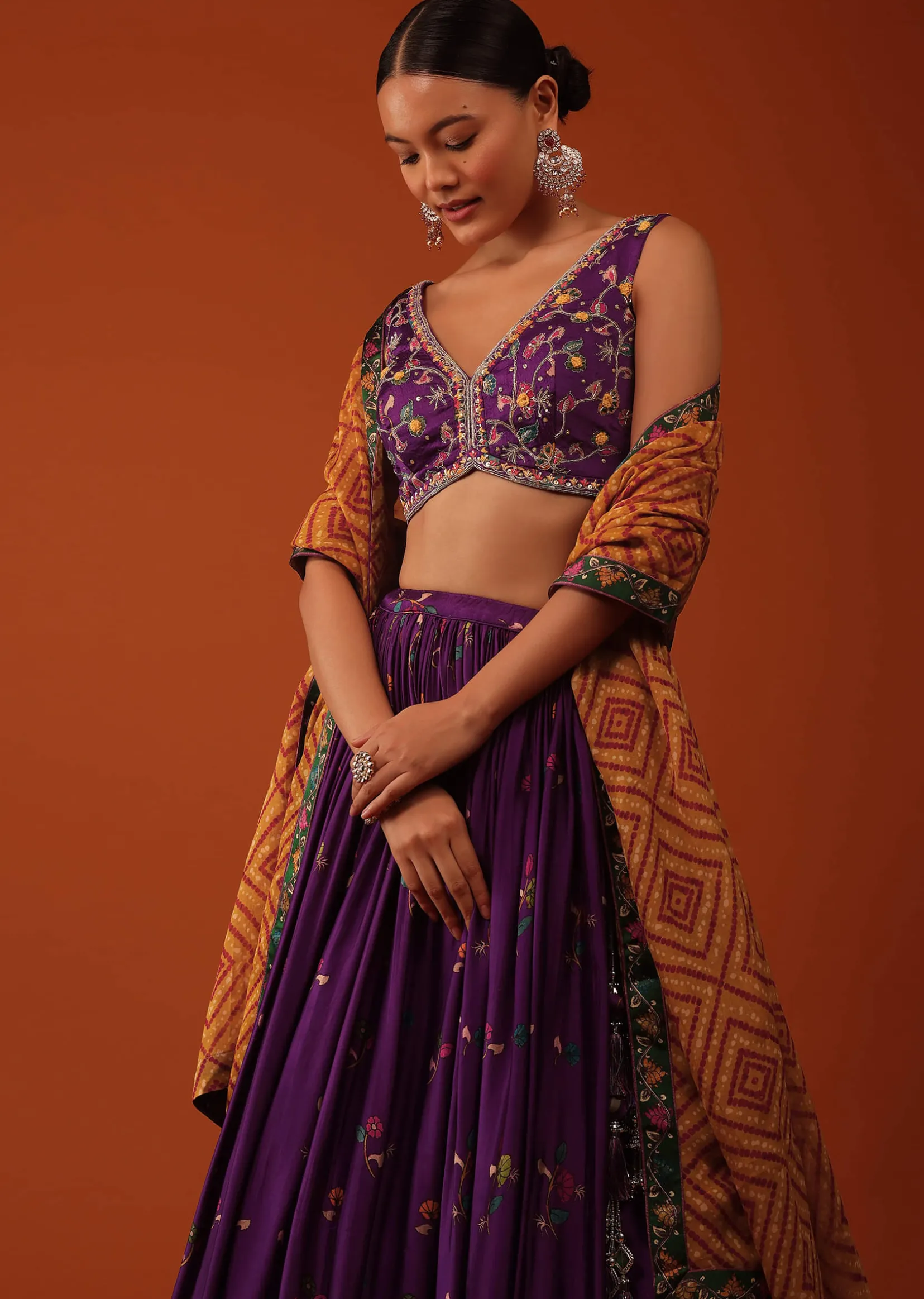 Wine Purple Embroidered Lehenga And Blouse Set In Satin